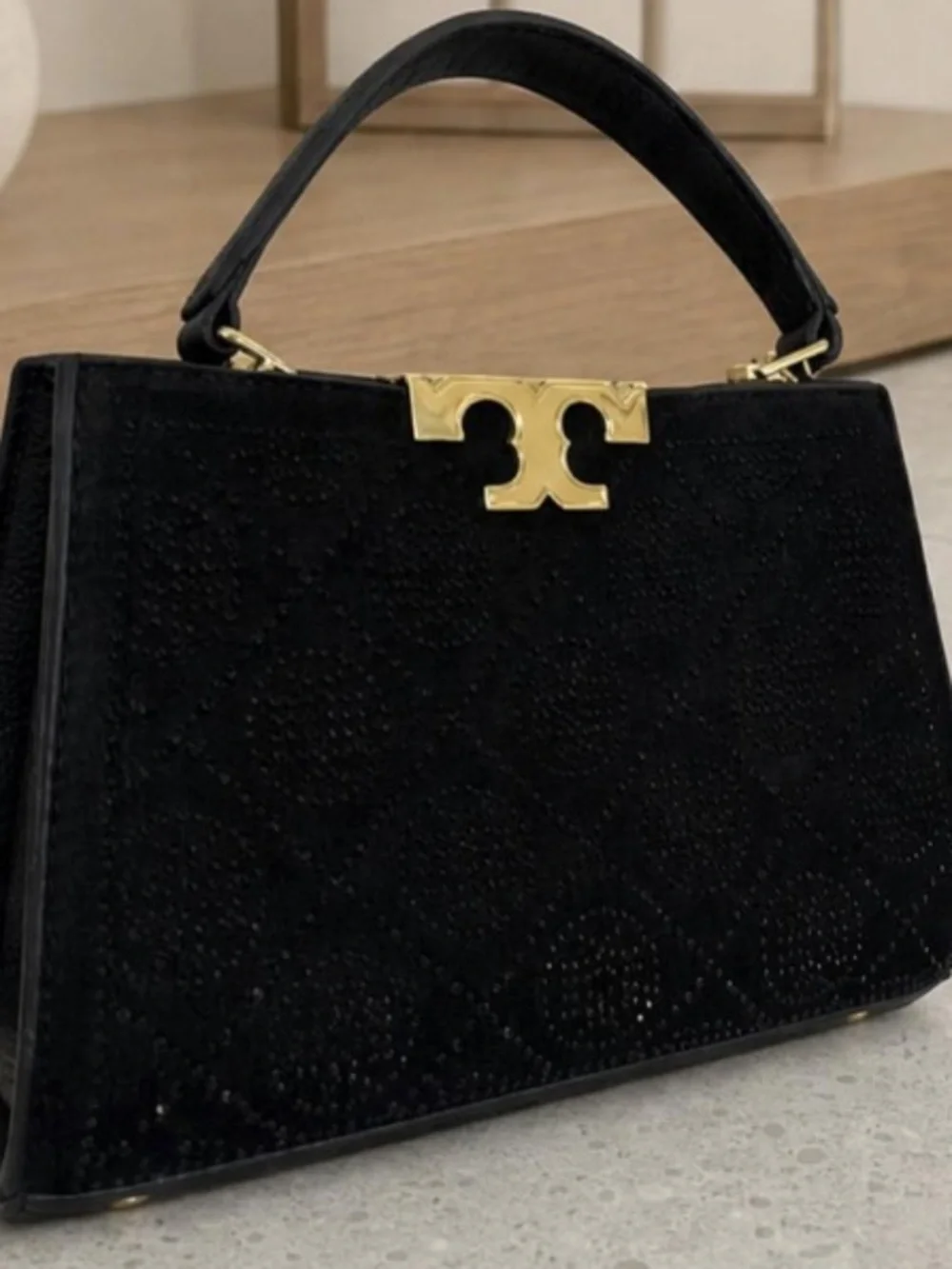 Tory Burch Black Suede Top-Handle Satchel with Gold Hardware